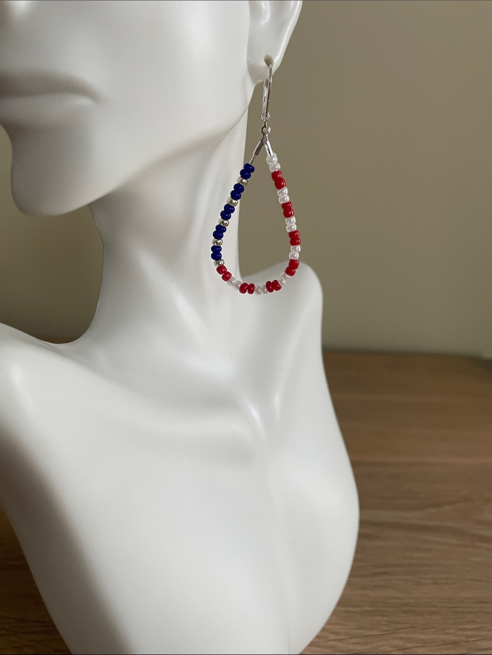 HAND CRAFTED PATRIOTIC BEADED TEARDROP HOOP EARRINGS Red White Blue 4th of July - Picture 4 of 9